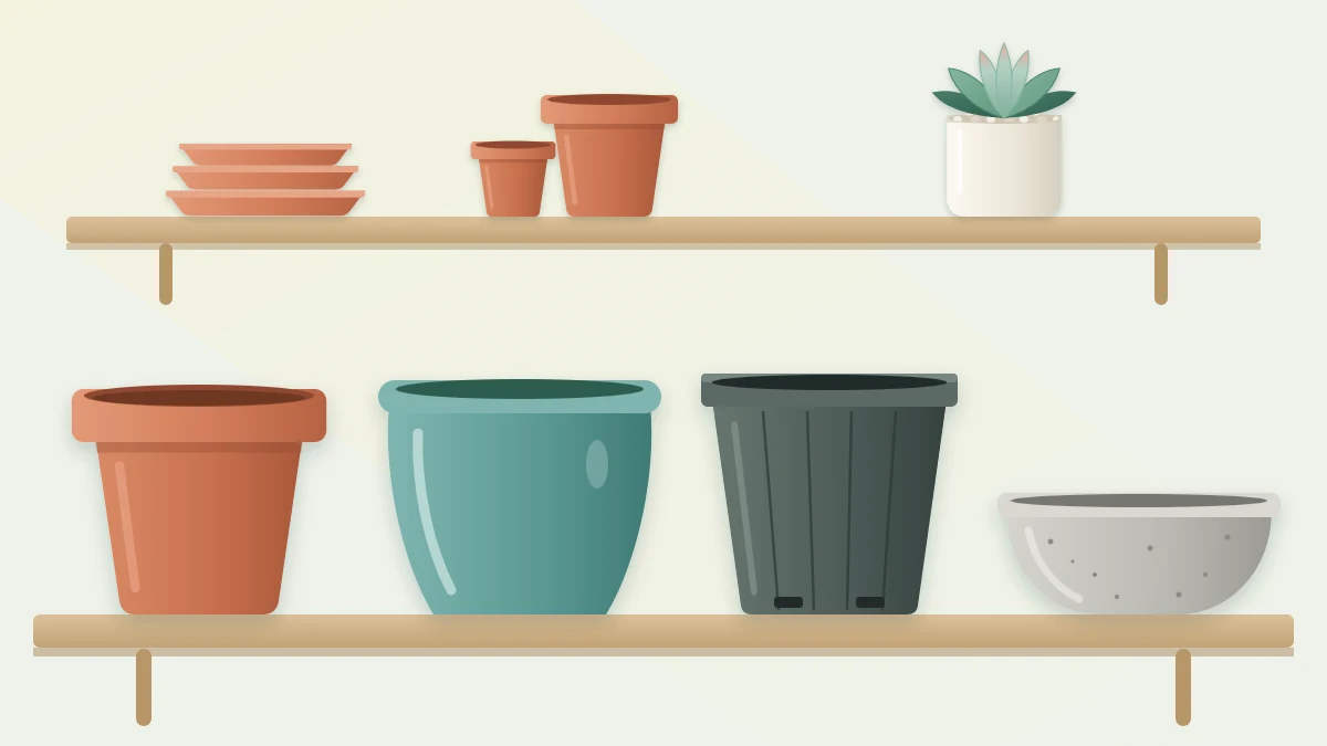 A shelf with four empty pots: unglazed terracotta, glazed blue-green ceramic, a plain plastic nursery pot and a shallow gray concrete bowl