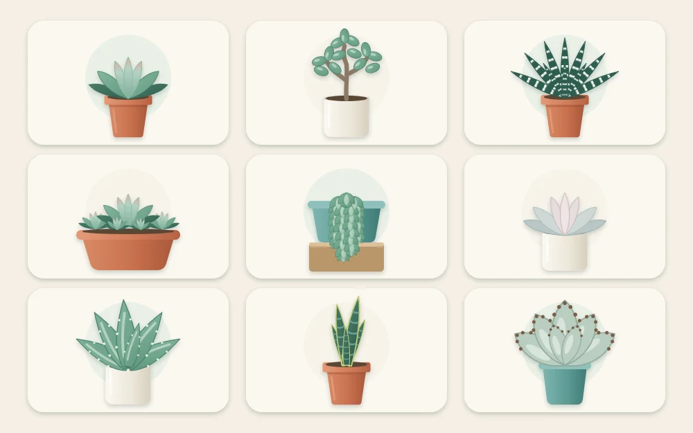 A three by three grid of tiles, each holding one small potted succulent of a different shape, from rosettes to trailing and upright kinds
