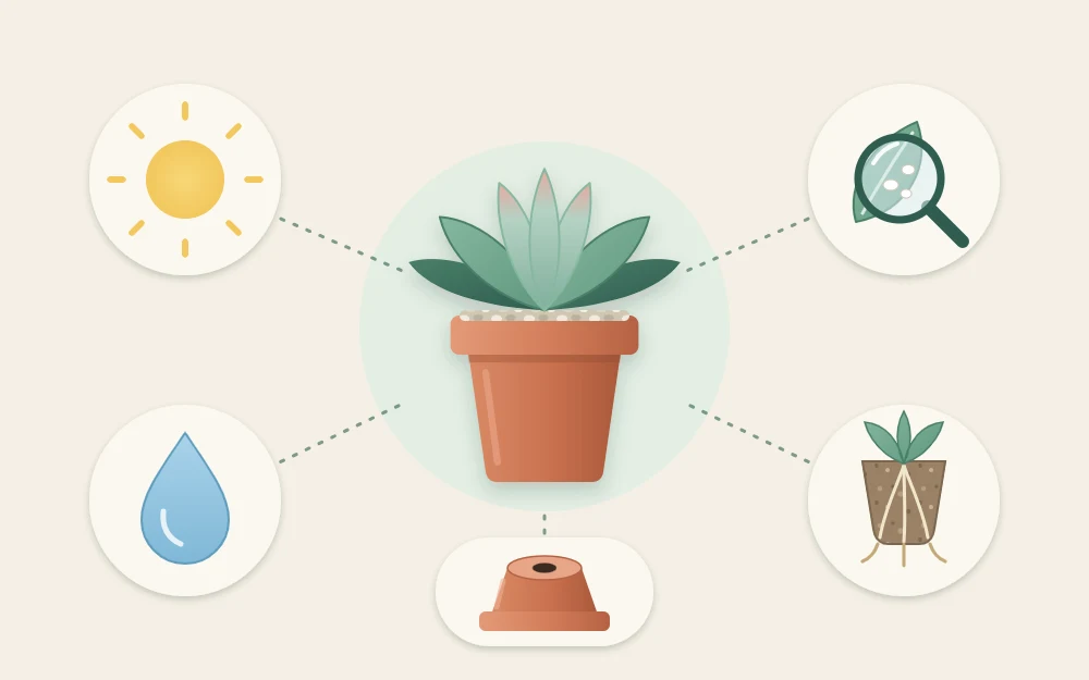 A potted succulent surrounded by five icons: a sun, a water drop, a pot with a hole, a magnifying glass over a leaf and a root ball
