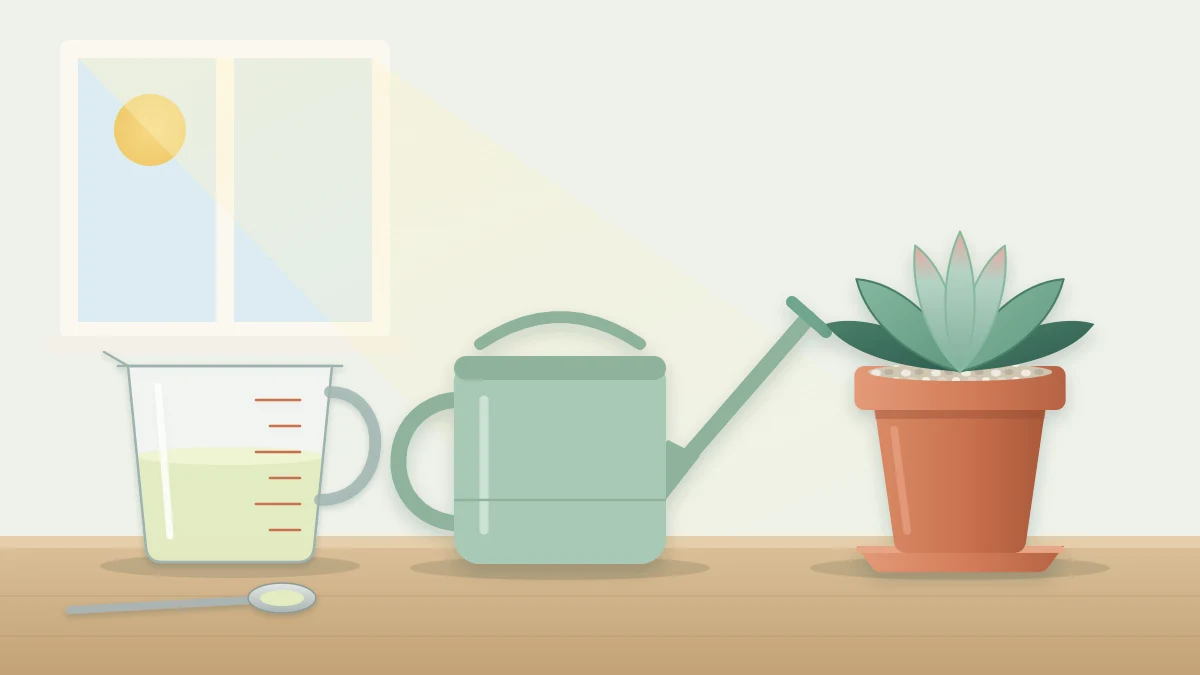 A small measuring cup of pale diluted liquid beside a watering can and a healthy potted rosette succulent on a table