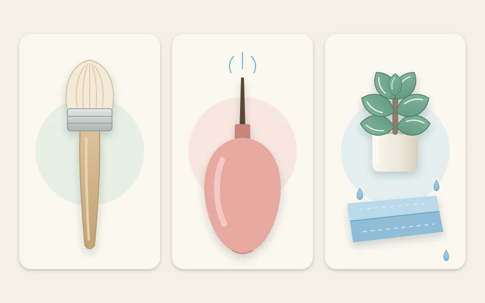 A soft brush, a rubber blower bulb and a folded damp cloth beside a smooth-leaved plant