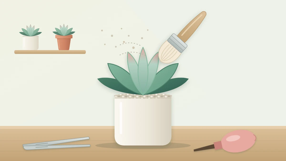 A soft round brush sweeping dust from the leaves of a rosette succulent, with tweezers and a rubber blower bulb beside the pot