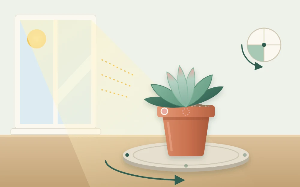 A potted succulent on a round saucer beside a window with a curved arrow around it showing a quarter turn