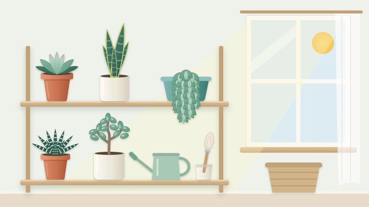 An indoor plant shelf by a window holding five potted succulents of different shapes, a small watering can and a soft brush