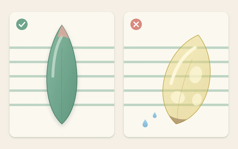 Two succulent leaves side by side, one firm, plump and opaque green, the other swollen, pale and see-through