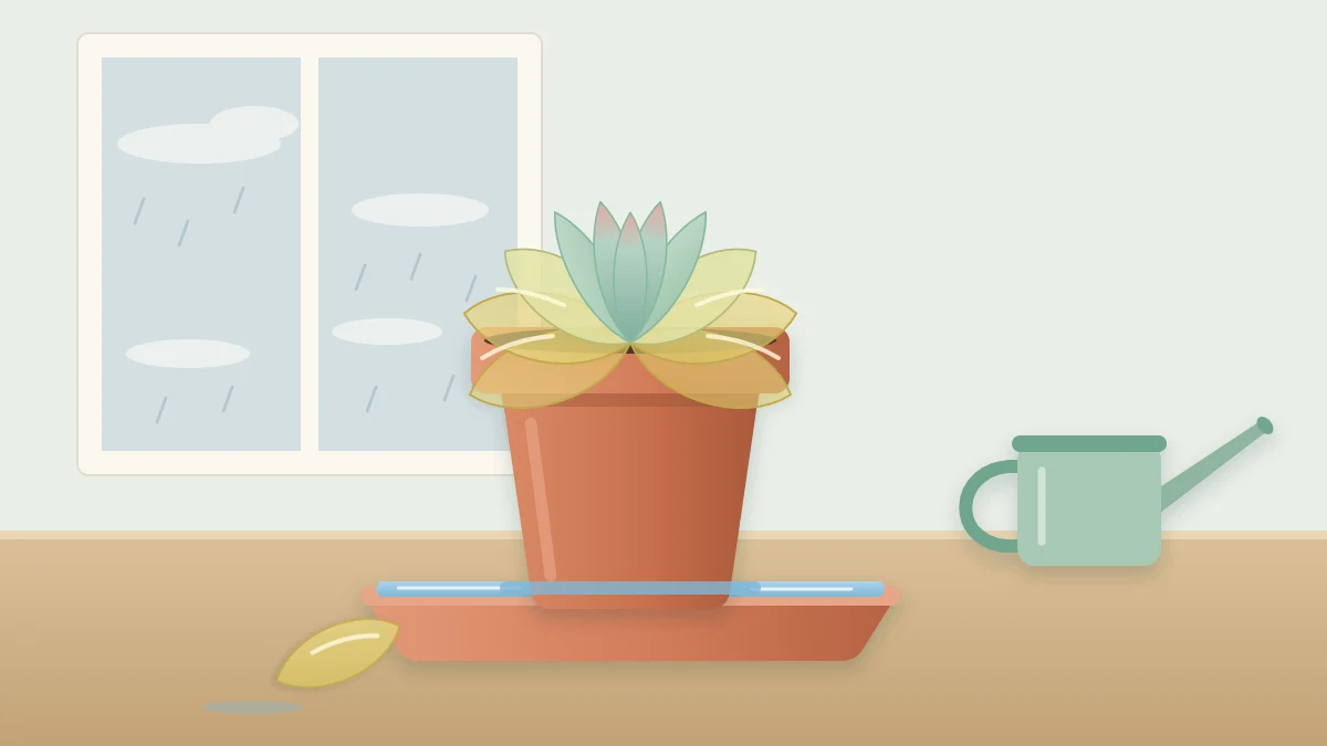 A rosette succulent in a pot standing in a saucer full of water, with pale, swollen lower leaves and one fallen leaf