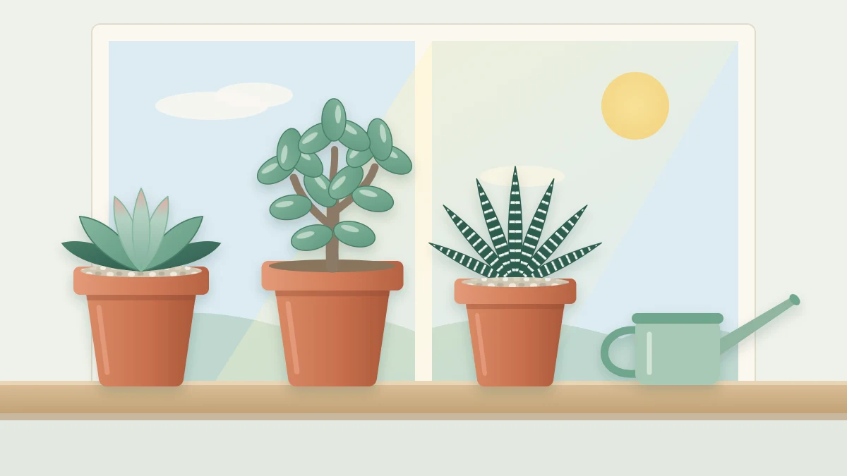Three small succulents in terracotta pots on a bright windowsill: a pale green rosette, a jade plant and a striped haworthia beside a watering can