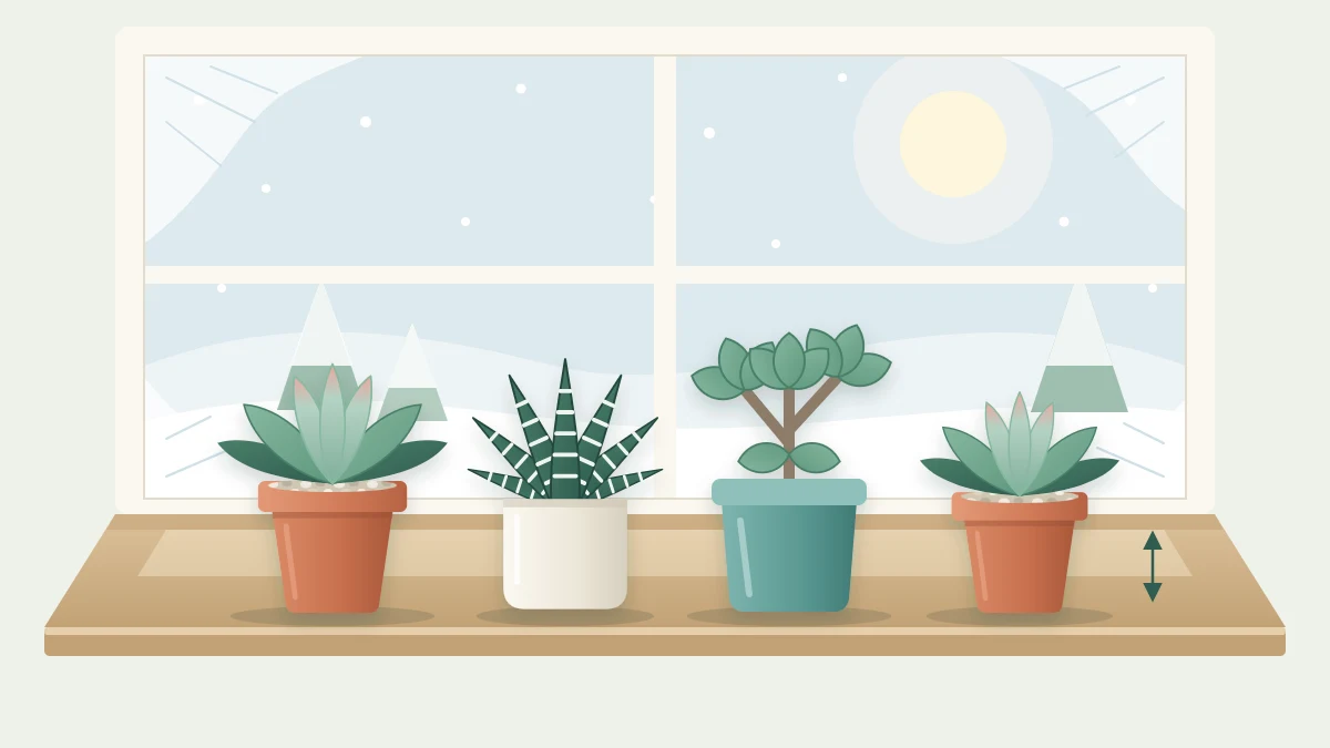A snowy window seen from inside, with potted succulents on the sill set a little back from the frosted glass in pale light