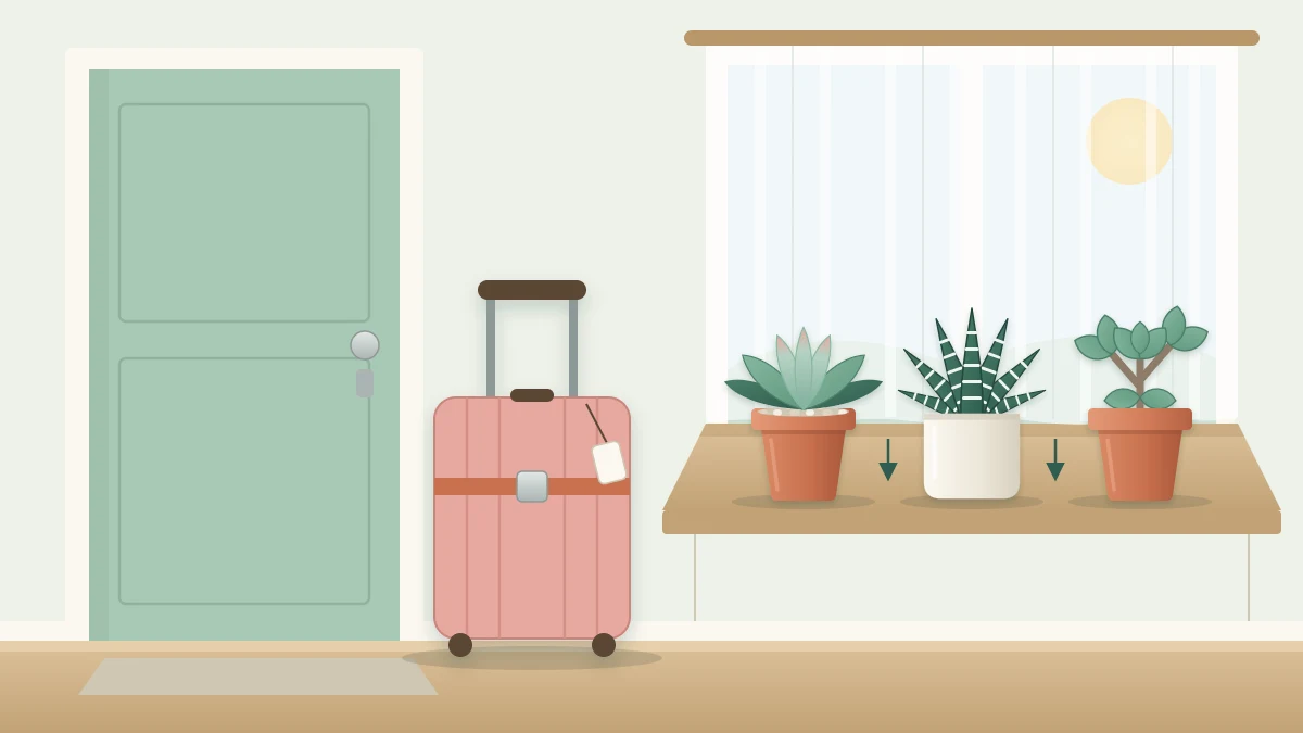 A suitcase by a door next to a windowsill with potted succulents moved slightly back from the glass behind a sheer curtain