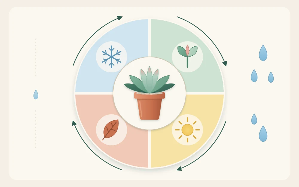 A circular year wheel in four colored quarters with sun, leaf, snowflake and bud icons around a potted succulent
