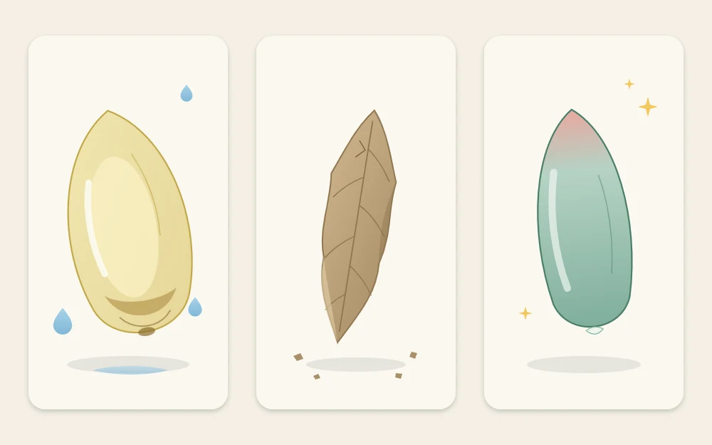 Three fallen succulent leaves side by side: a swollen translucent yellow leaf, a dry flat papery brown leaf, and a firm healthy green leaf