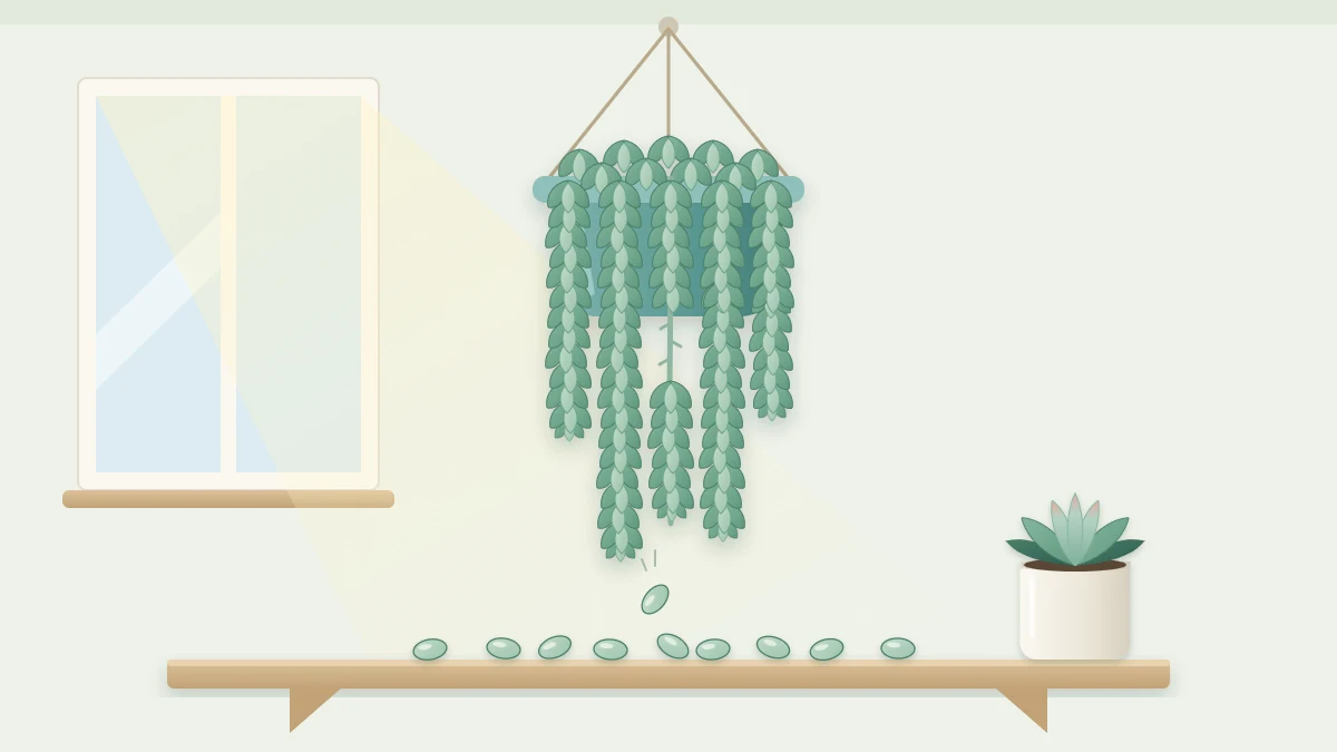 A trailing succulent in a hanging pot with several plump bead-like leaves fallen onto the shelf below