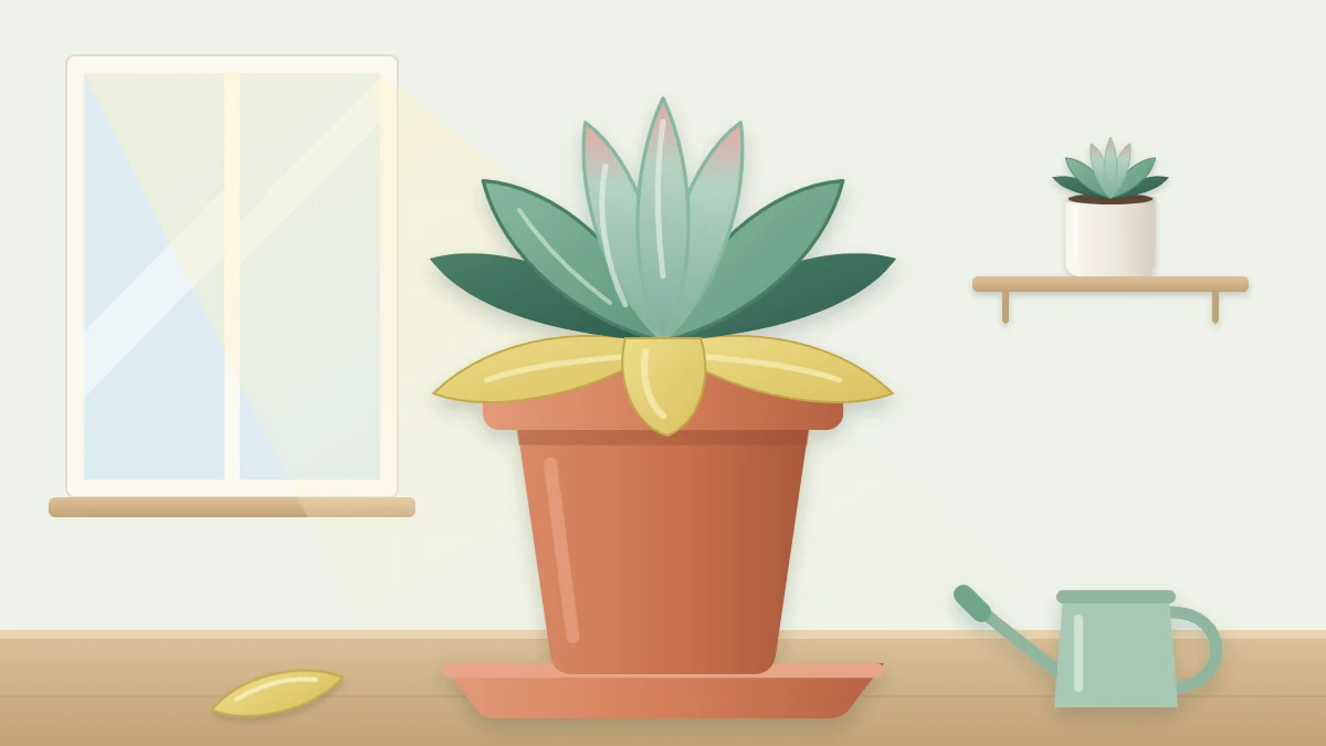 A rosette succulent in a terracotta pot with green upper leaves and three clearly yellow lower leaves
