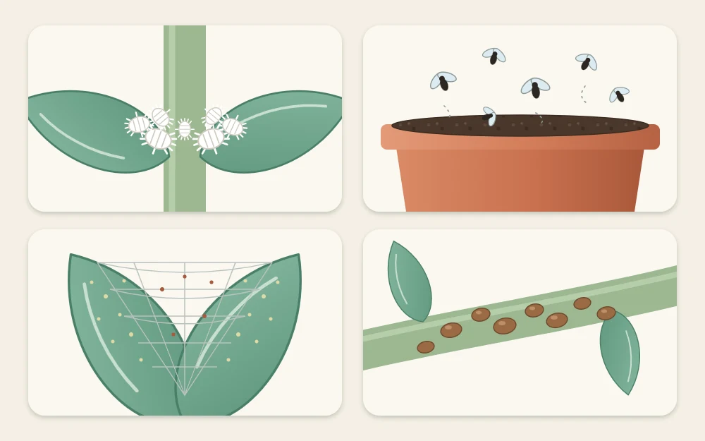 Four signs of pests: white cottony tufts in a leaf joint, tiny dark flies above soil, fine webbing between leaves and small brown bumps on a stem