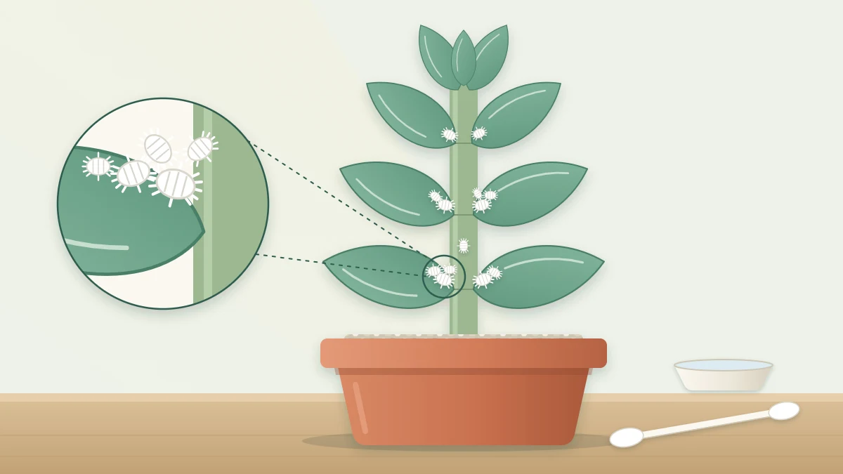 Close view of a succulent stem with small white cottony clusters tucked between the leaves and a cotton swab beside the pot