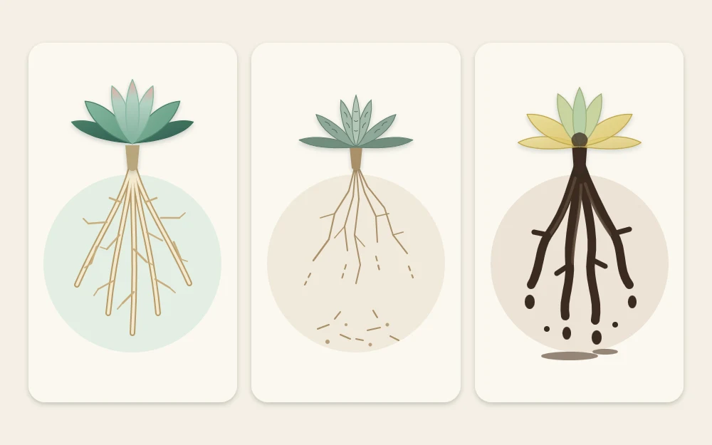 Three root balls side by side: firm pale branching roots, thin dry brittle roots, and dark mushy roots