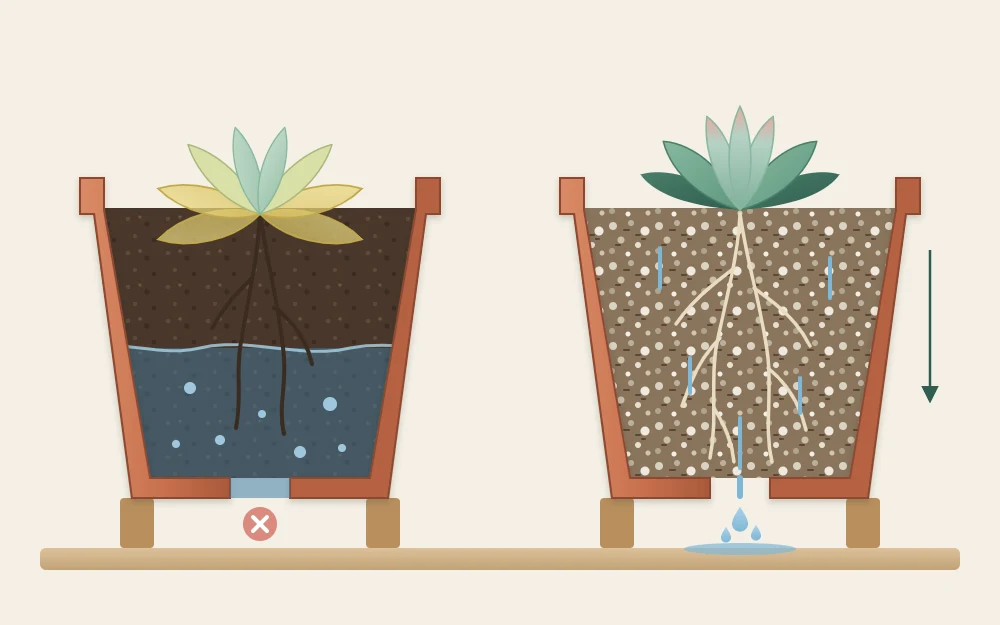 Two cutaway pots: dense dark soil holding water around roots, and an open gritty mix with water draining from the hole