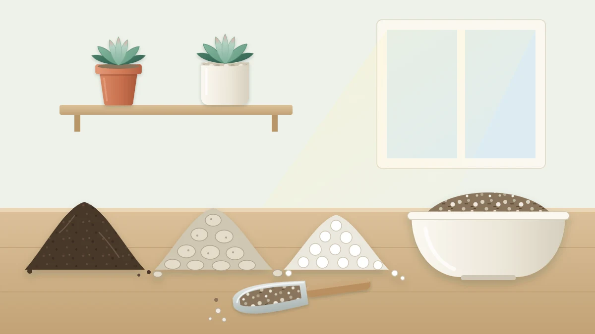 Three small heaps of dark potting soil, pale pumice and white perlite on a table beside a bowl of blended gritty mix and a scoop