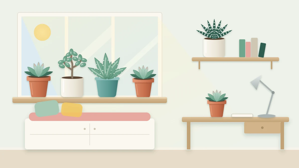 A room corner with potted succulents on a wide sunny windowsill, a striped haworthia on a shelf further back and a small pot on a desk